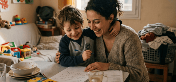 Mother and child smiling together over homework at a kitchen table