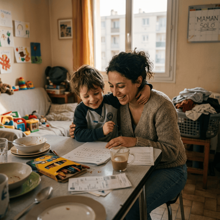 Mother and child smiling together over homework at a kitchen table